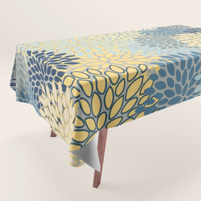 Floral Print, Yellow, Gray, Blue, Teal Tablecloth