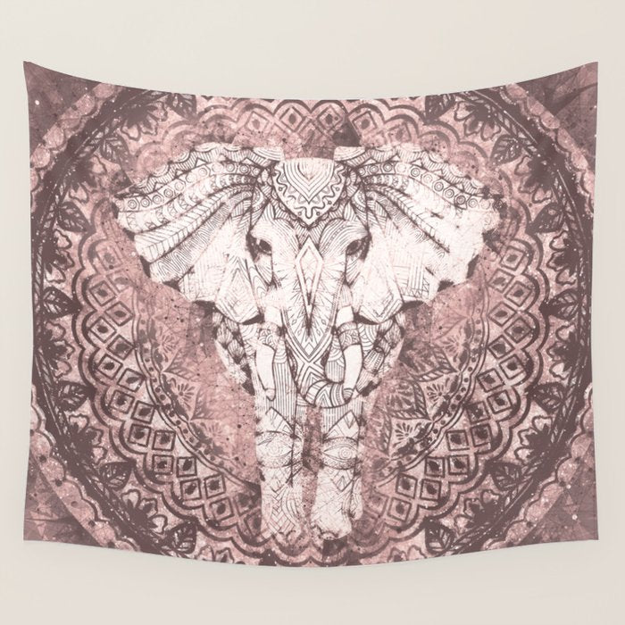 Bohemian, Elephant, Mandala, Blush, Moon Wall Tapestry