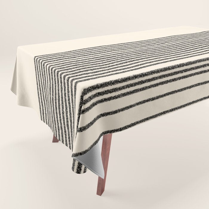 Organic Stripes - Minimalist Textured Line Pattern In Black And Almond Cream Tablecloth