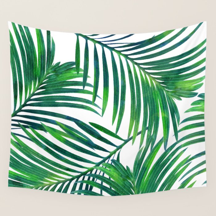 Palm Paradise, Tropical Leaves, Beachy Watercolor Painting, Minimal Nature Botanical Illustration Wall Tapestry