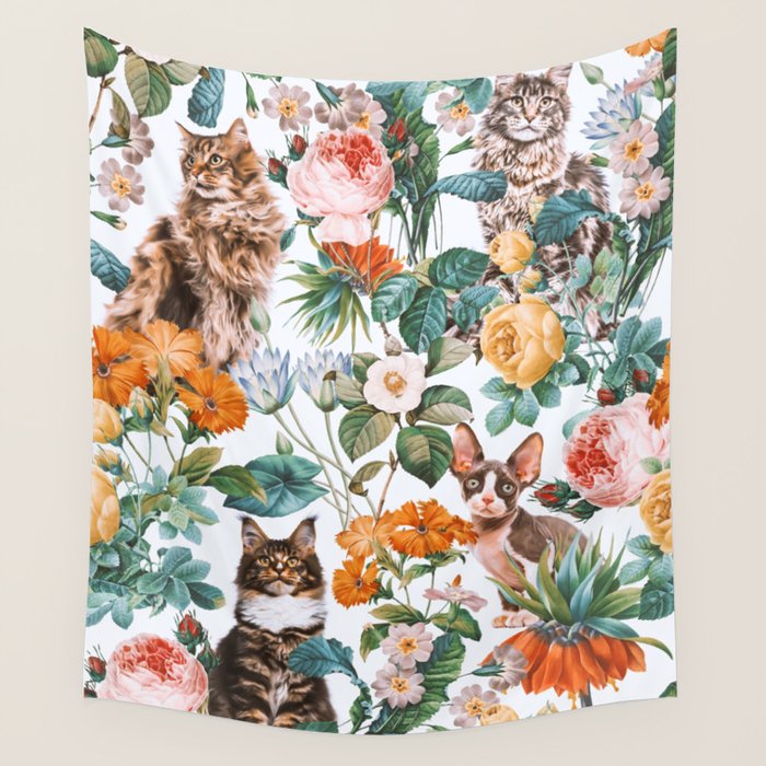 Cat And Floral Pattern Iii Wall Tapestry