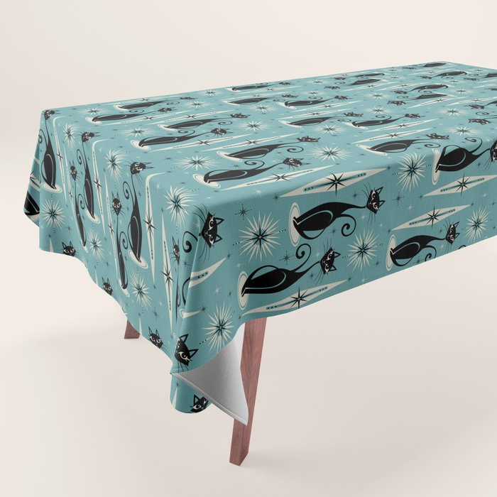 Mid Century Meow Retro Atomic Cats On Blue Tablecloth