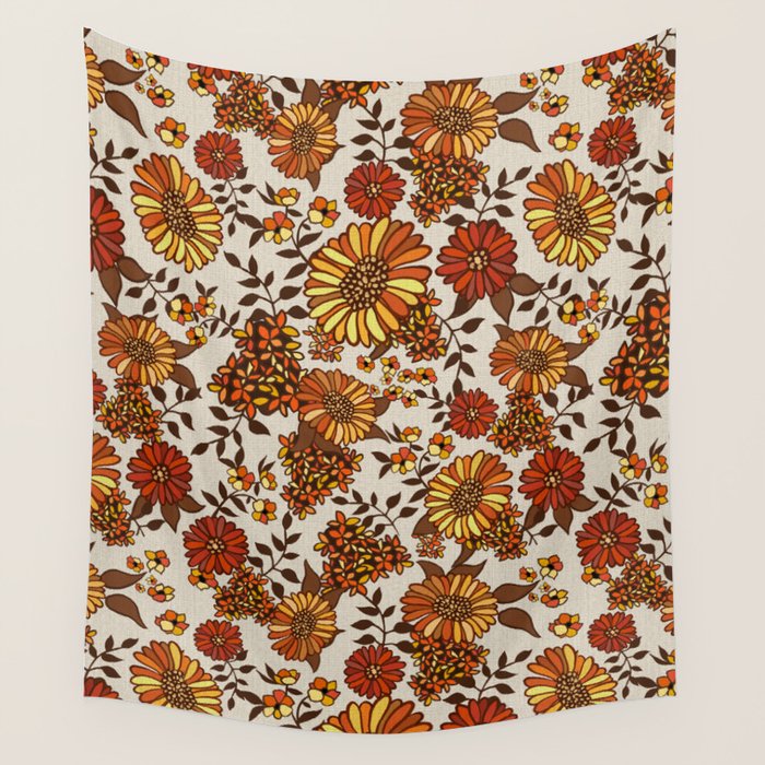 Retro 70s Boho Hippie Orange Flower Power Wall Tapestry