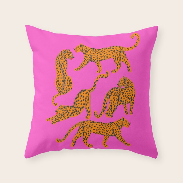 Abstract Leopard With Red Lips Illustration In Fuchsia Background Throw Pillow