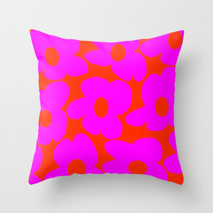 Pink Retro Flowers Orange Red Background #Decor #Homestorie #Buyart Throw Pillow