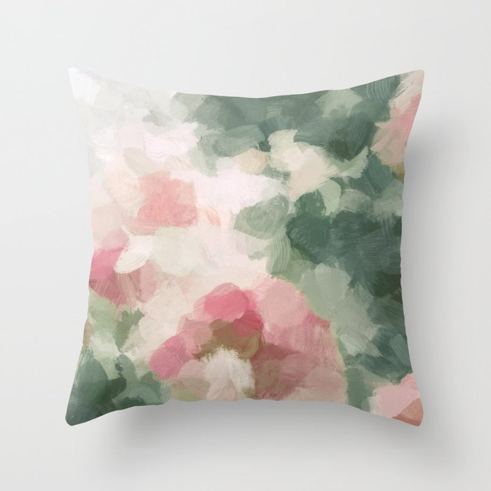 Rose Garden - Forest Sage Green Fuchsia Pink Floral Rose Garden Abstract Flower Painting Art Print Throw Pillow