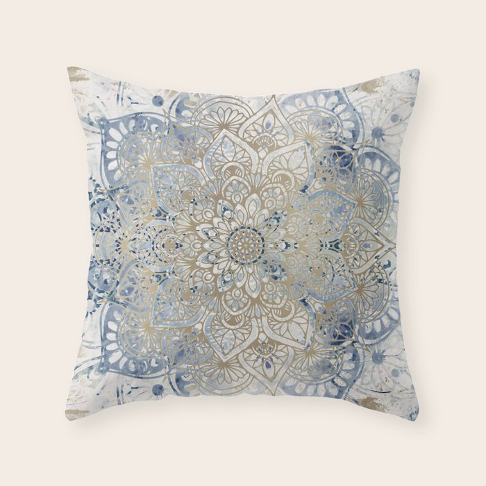 Mandala Flower, Blue And Gold, Floral Prints Throw Pillow