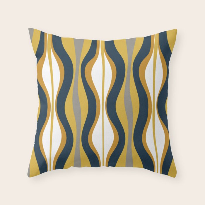 Hourglass Abstract Mid Century Modern Retro Pattern In Mustard Yellow, Navy Blue, Grey, And White Throw Pillow