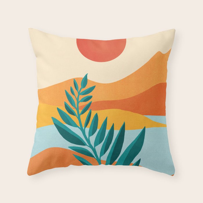 Mountain Sunset Colorful Landscape Illustration Throw Pillow