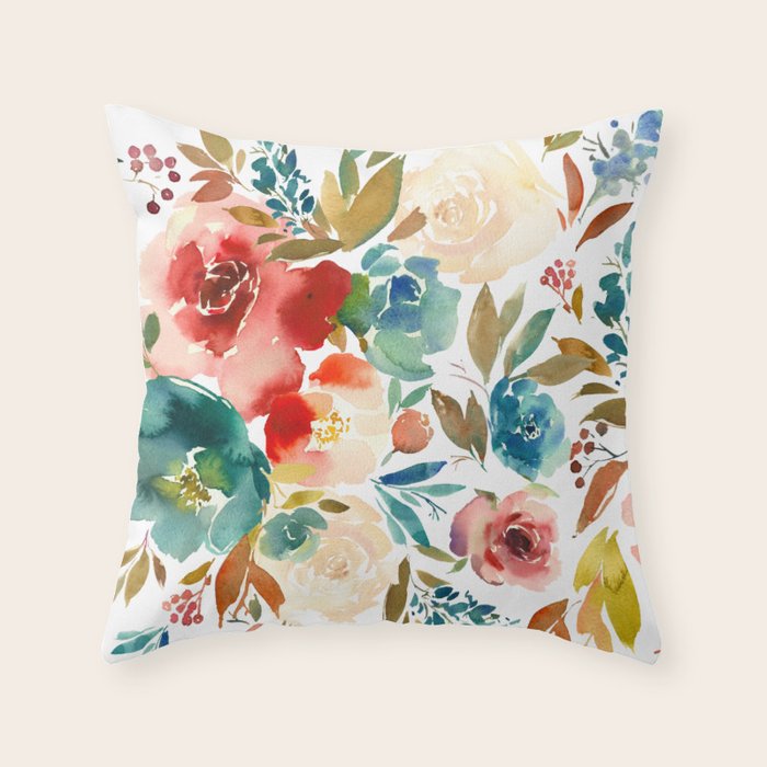 Red Turquoise Teal Floral Watercolor Throw Pillow