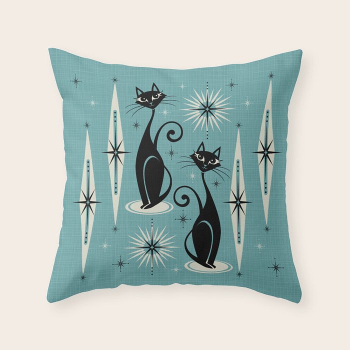 Mid Century Meow Retro Atomic Cats On Blue Throw Pillow