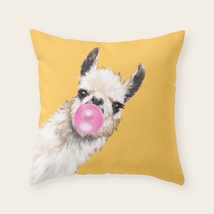 Bubble Gum Sneaky Llama In Yellow Throw Pillow