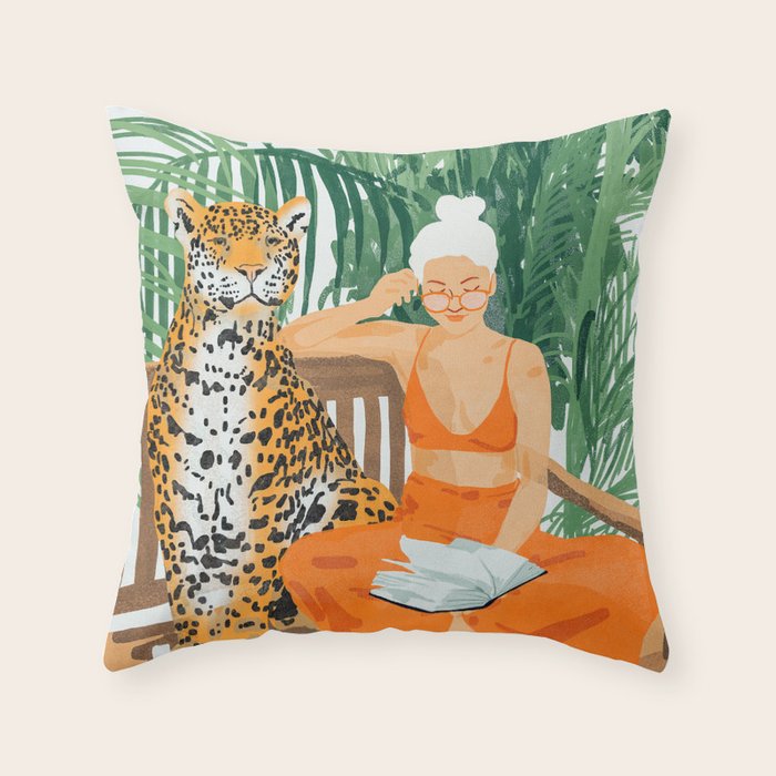 Jungle Vacay | Modern Bohemian Blonde Woman Tropical Travel | Leopard Wildlife Forest Reader Throw Pillow