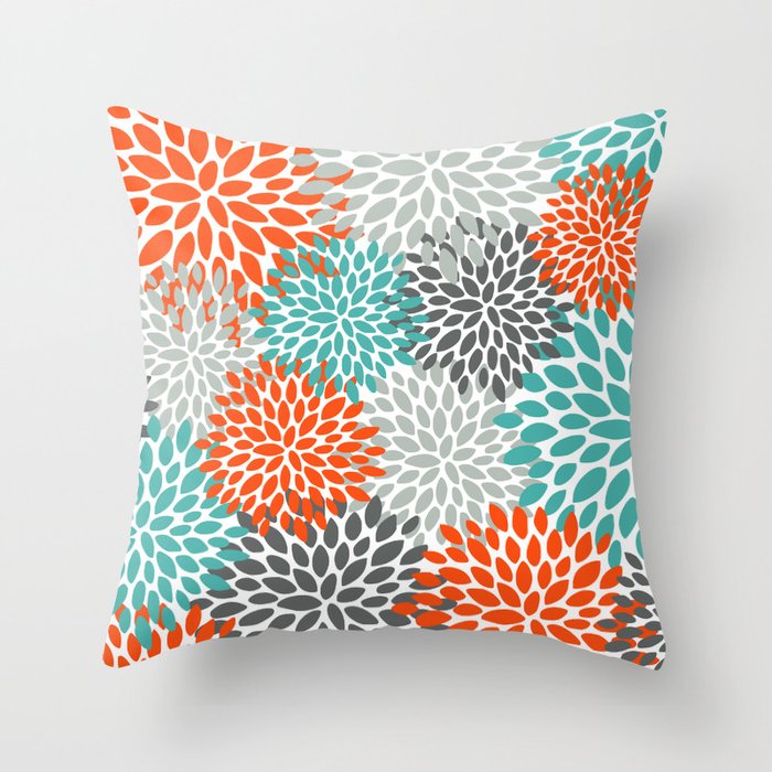 Floral Pattern, Abstract, Orange, Teal And Gray Throw Pillow