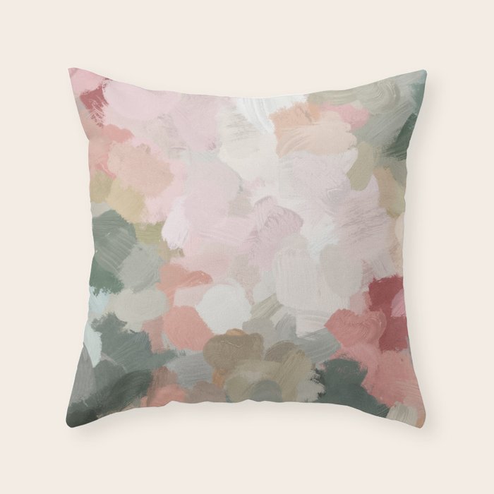 Time To Bloom - Forest Green Fuchsia Blush Pink Abstract Flower Spring Painting Art Throw Pillow