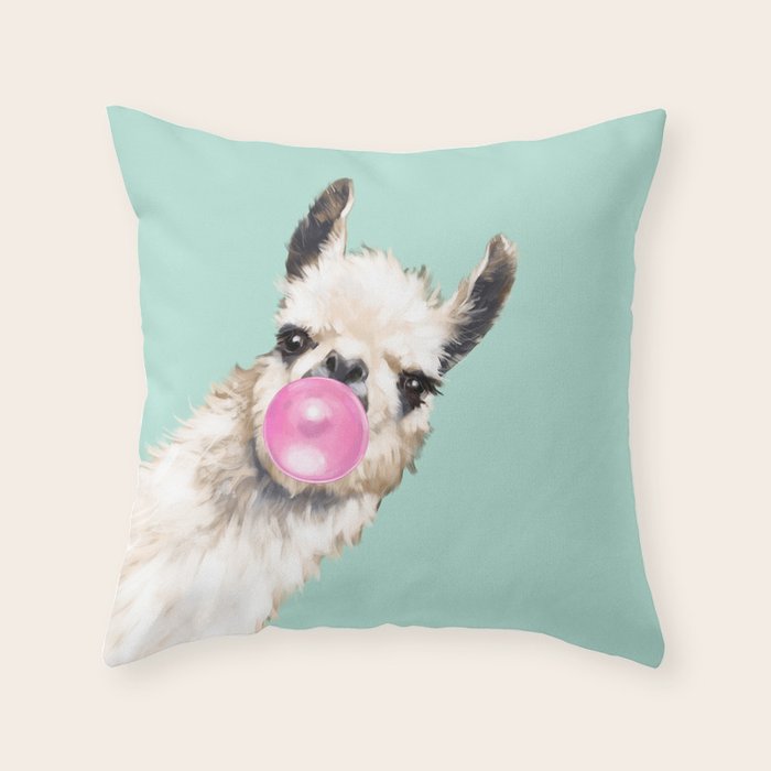 Bubble Gum Sneaky Llama In Green Throw Pillow