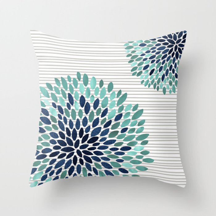 Blooms And Stripes, Aqua And Navy Throw Pillow