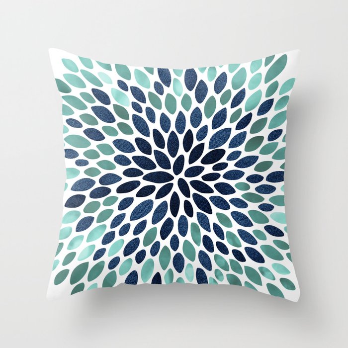 Flower Bloom, Aqua And Navy Throw Pillow