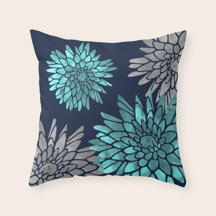 Floral Chrysanthemum Modern Navy Aqua Throw Pillow