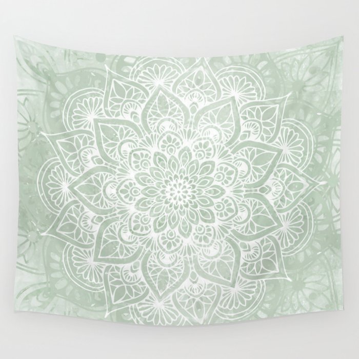 Mandala, Yoga Love, Sage Green, Boho Print Wall Tapestry