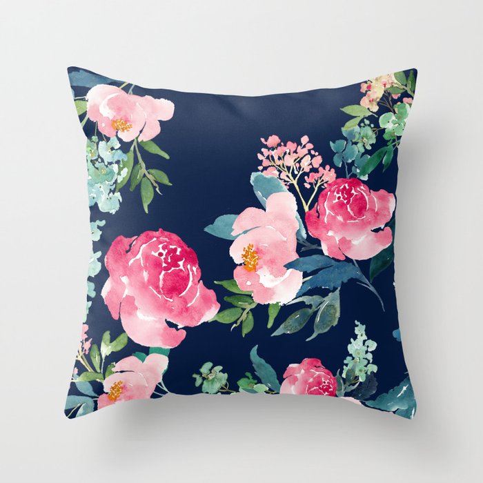Navy And Pink Watercolor Peony Throw Pillow