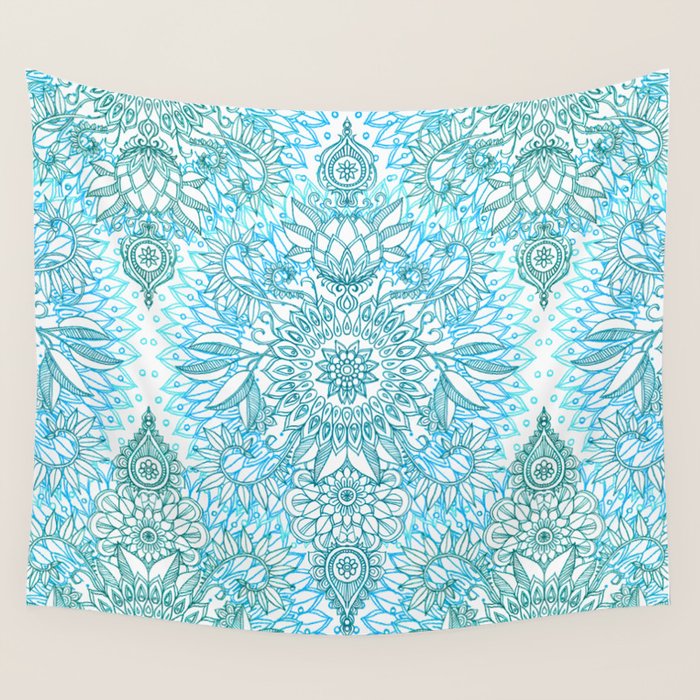 Turquoise Blue, Teal & White Protea Doodle Pattern Wall Tapestry