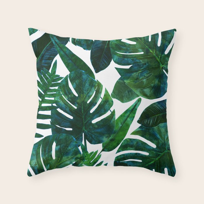 Tropical Nature Monstera Watercolor Painting, Botanical Jungle Dark Palm Illustration Throw Pillow