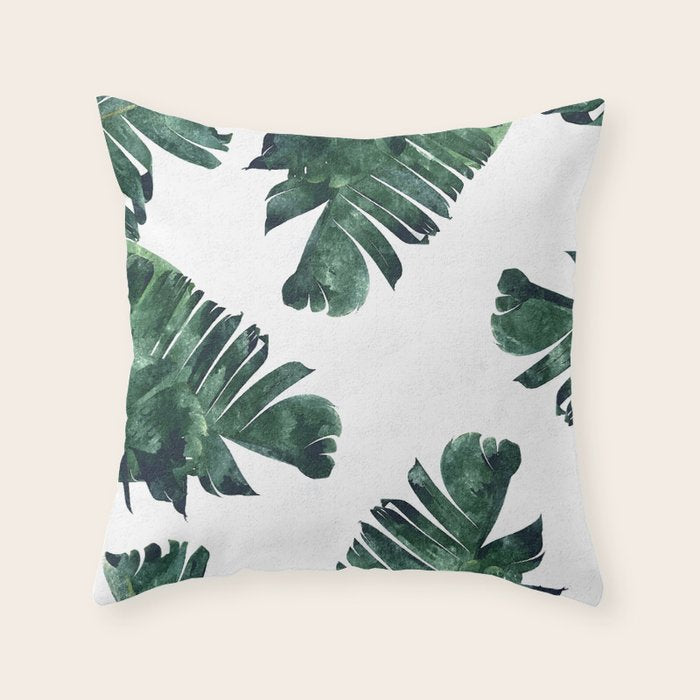 Banana Leaf Watercolor Painting, Tropical Nature Botanical Palm Illustration Bohemian Minimal Luxe Throw Pillow