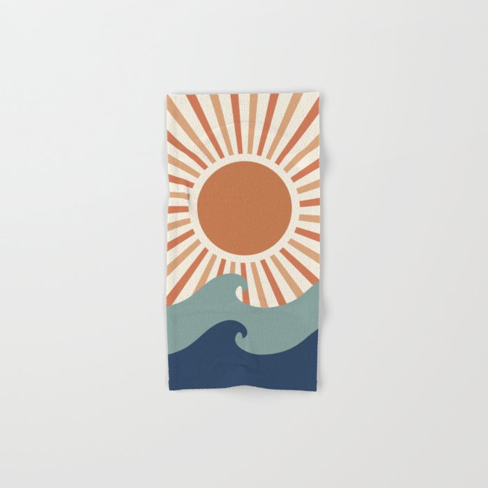 Retro, Sun And Wave Art, Blue And Orange Bath Towel