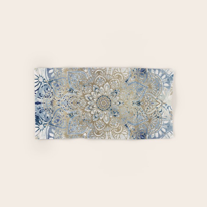 Mandala Flower, Blue And Gold, Floral Prints Bath Towel