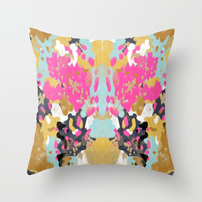 Laurel - Abstract Painting In A Free Style With Bold Colors Gold, Navy, Pink, Blush, White, Turquois Throw Pillow