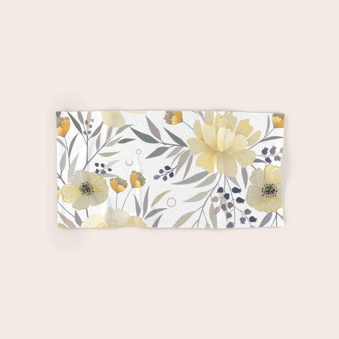 Modern, Floral Prints, Yellow, Gray And White Bath Towel
