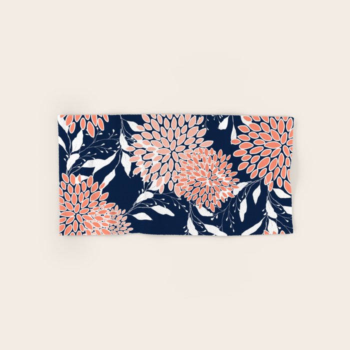 Floral Blooms And Leaves, Navy, Coral And White Bath Towel