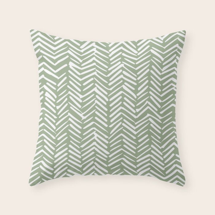 Boho, Abstract, Herringbone Pattern, Sage Green And White Throw Pillow