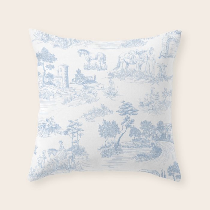Toile De Jouy Vintage French Soft Baby Blue White Pastoral Pattern Throw Pillow