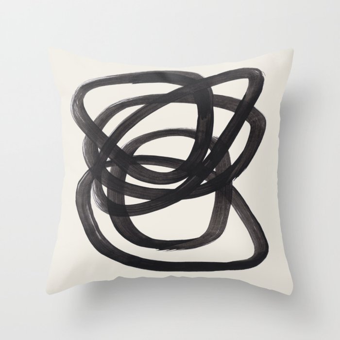 Mid Century Modern Minimalist Abstract Art Brush Strokes Black & White Ink Art Spiral Circles Throw Pillow