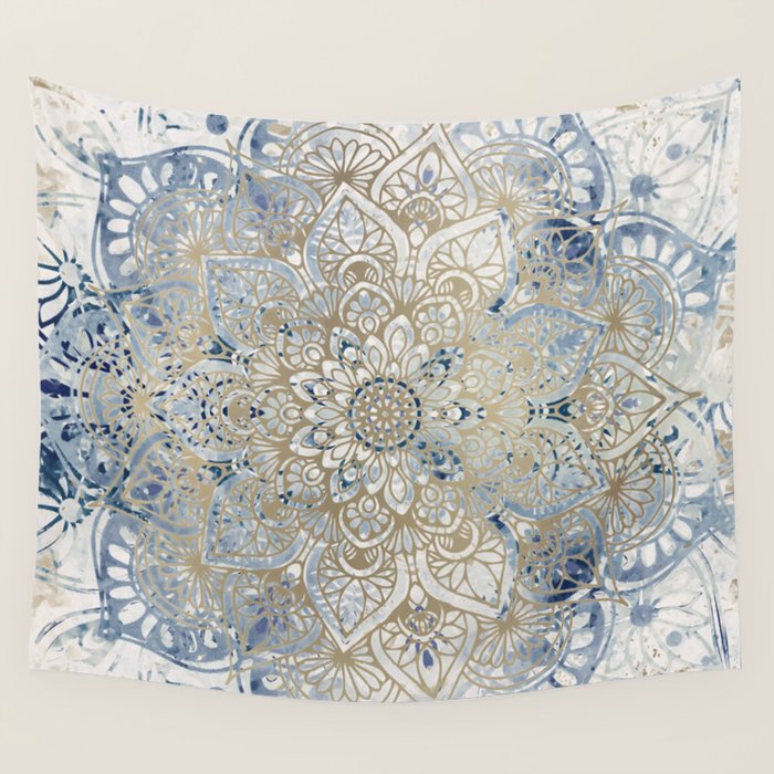Yoga, Mandala, Blue And Gold Wall Tapestry