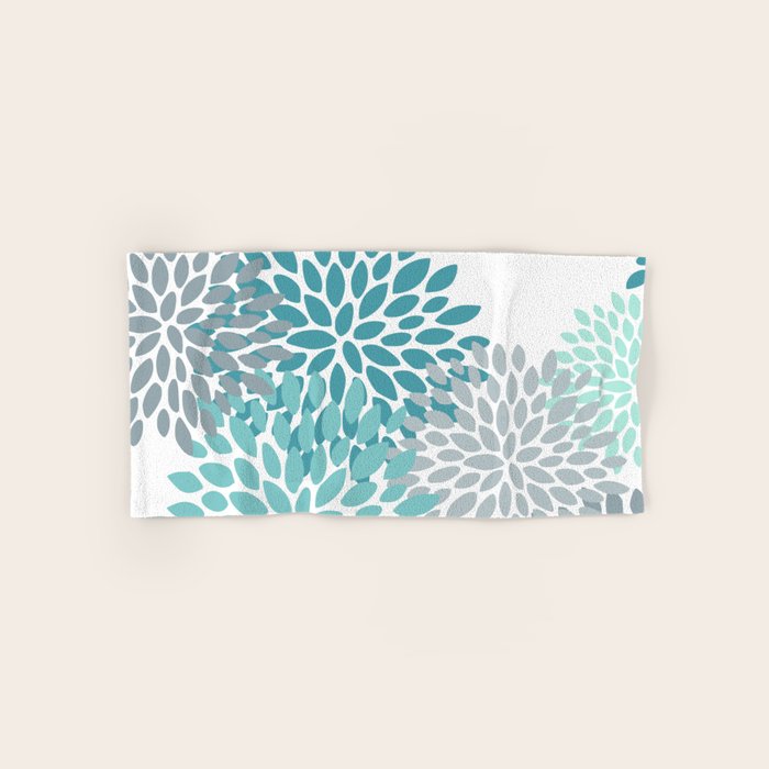 Floral Pattern, Aqua, Teal, Turquoise And Gray Bath Towel
