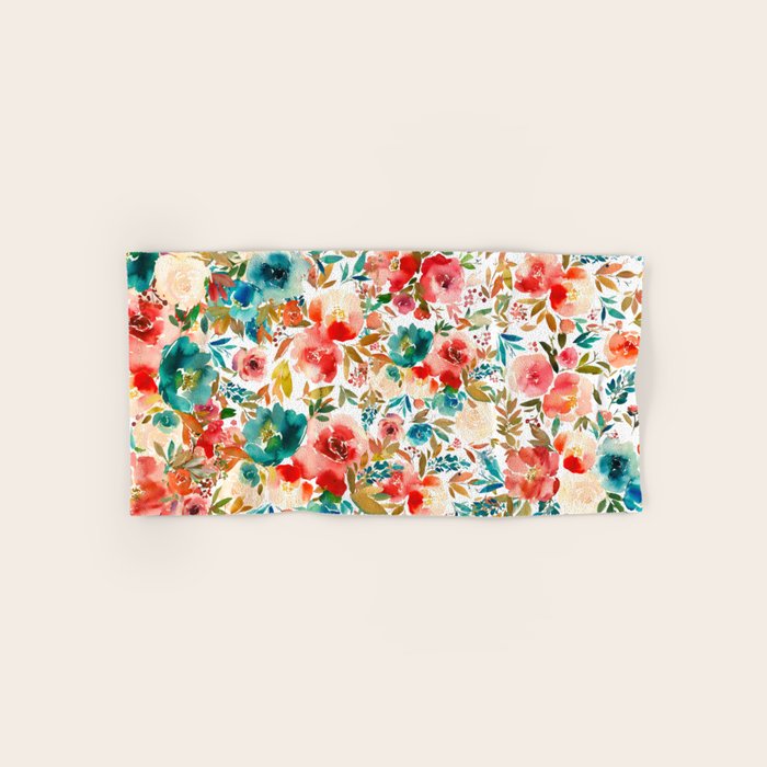 Red Turquoise Teal Floral Watercolor Bath Towel