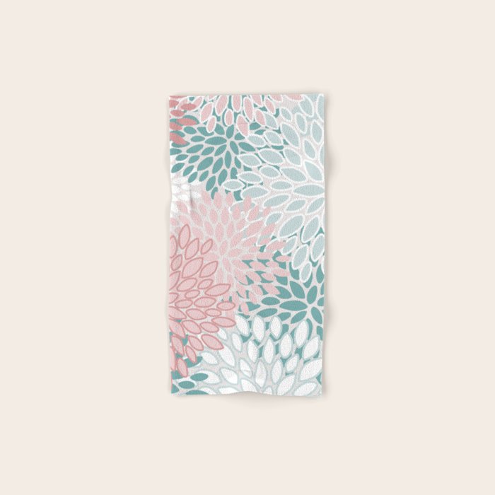 Floral Bloom, Teal, Green, Pink And White Bath Towel
