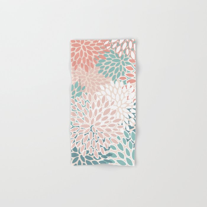 Festive, Floral Prints, Teal, Peach, Coral Bath Towel