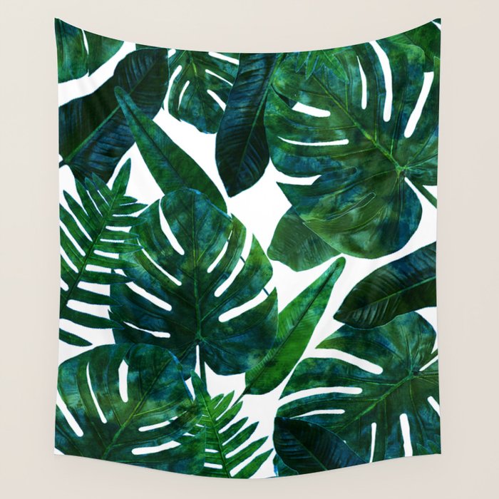 Tropical Nature Monstera Watercolor Painting, Botanical Jungle Dark Palm Illustration Wall Tapestry