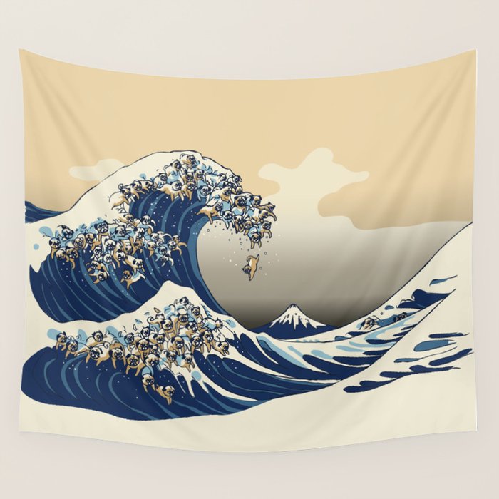 The Great Wave Of Pugs Vanilla Sky Wall Tapestry