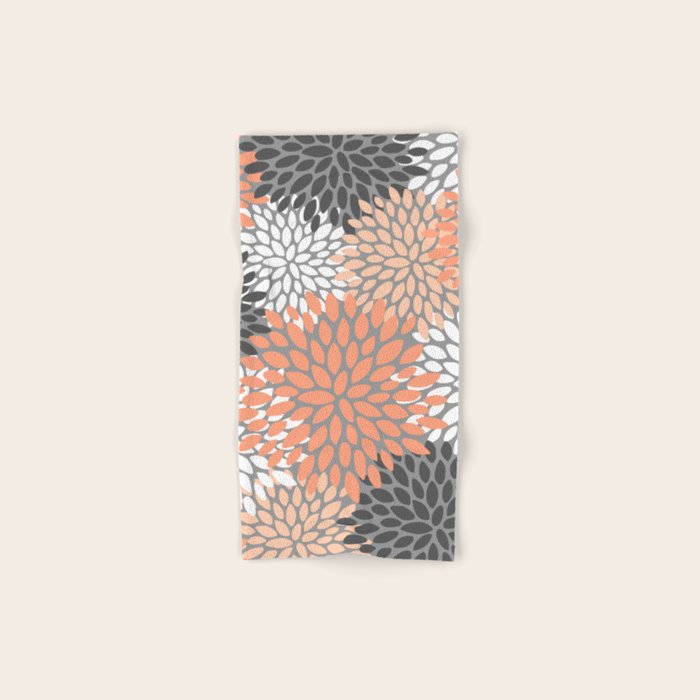 Floral Pattern, Coral, Gray, White Bath Towel