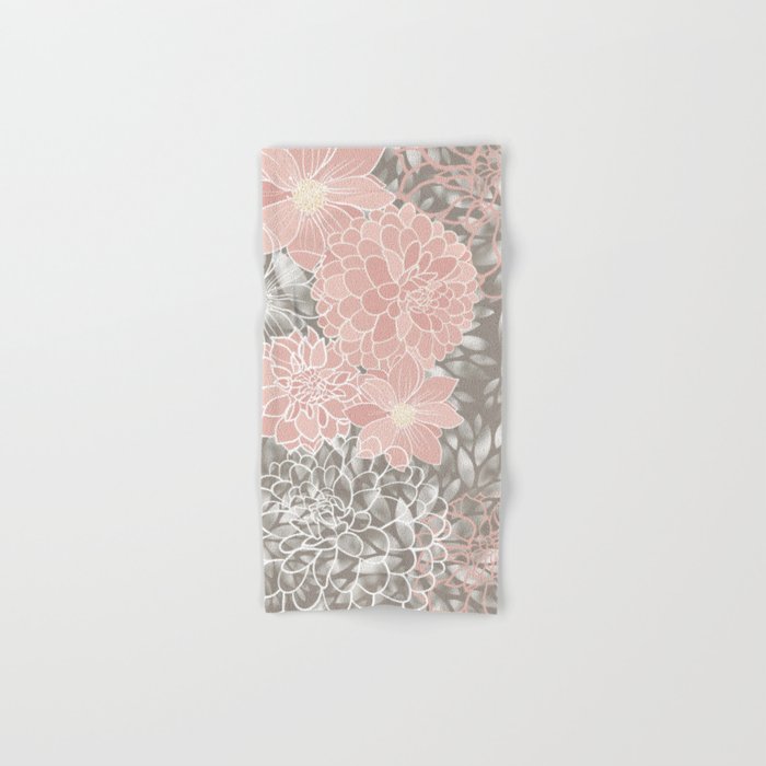 Floral Dahlias, Blush Pink, Gray, White Bath Towel