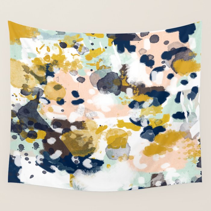 Sloane - Abstract Painting In Modern Fresh Colors Navy, Mint, Blush, Cream, White, And Gold Wall Tapestry
