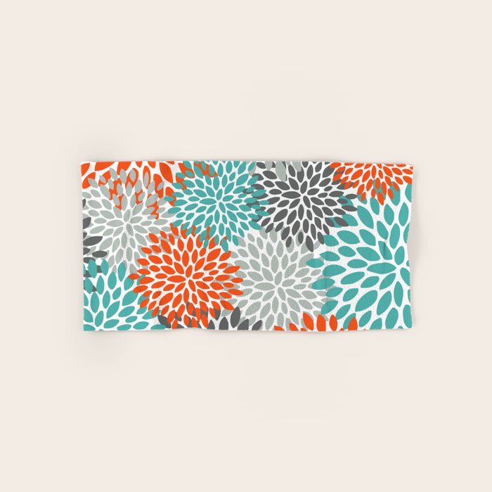 Floral Pattern, Abstract, Orange, Teal And Gray Bath Towel