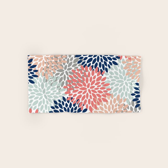 Floral Bloom Print, Living Coral, Pale Aqua Blue, Gray, Navy Bath Towel