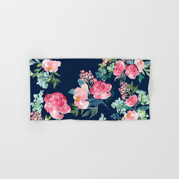Navy And Pink Watercolor Peony Bath Towel