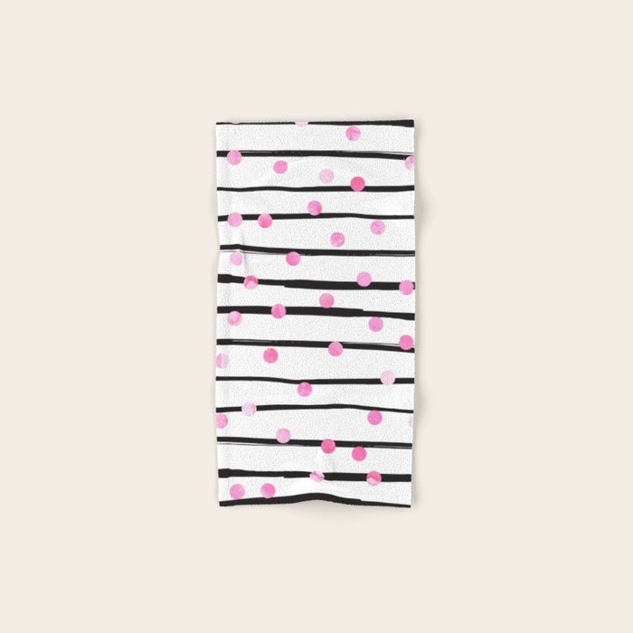 Blush Pink Black Watercolor Modern Stripes Polka Dots Bath Towel